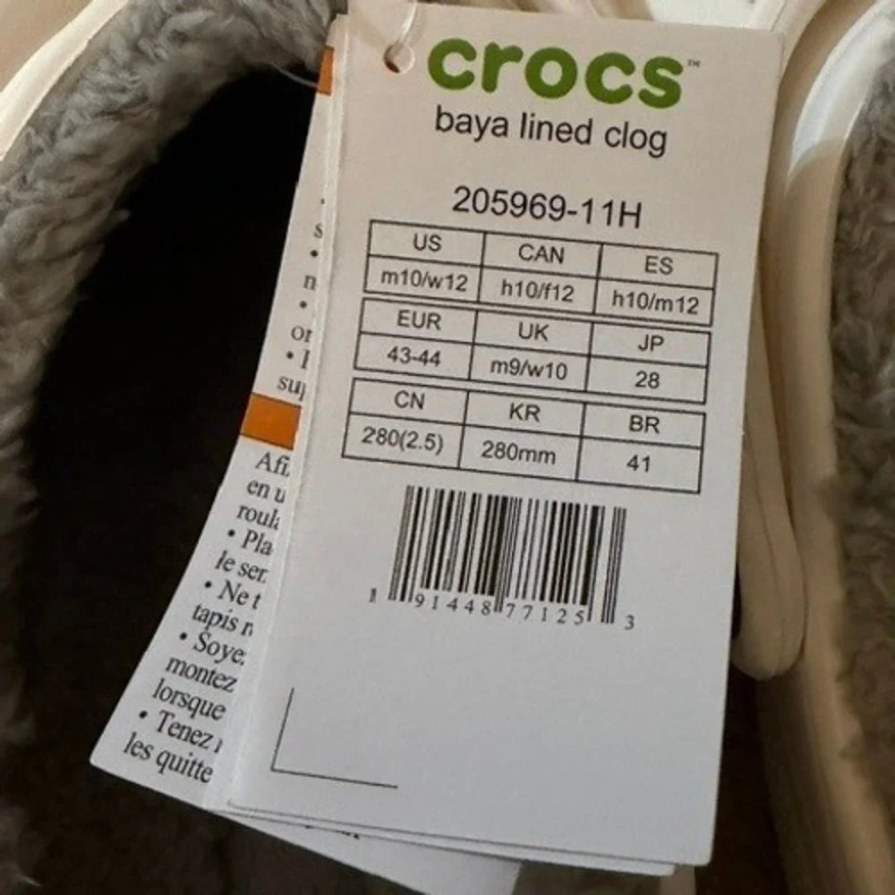 Crocs Baya‎ Lined Clogs White Grey Mens Size 10 Fleece Fur Slippers 205969-11H